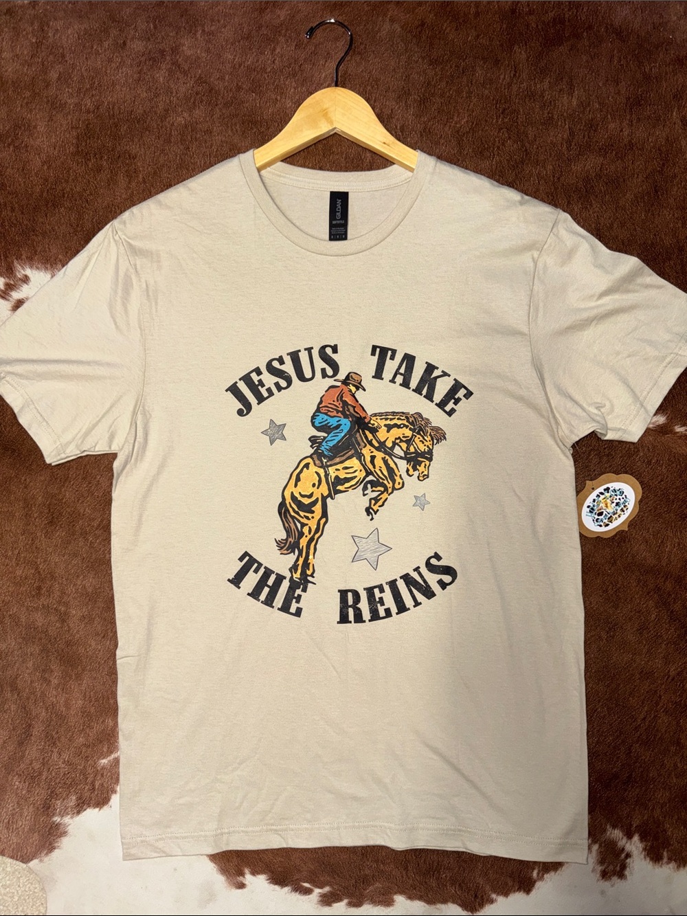 NEW! Gildan Beige Graphic Tee - 'Jesus Take The Reins' Rodeo Print